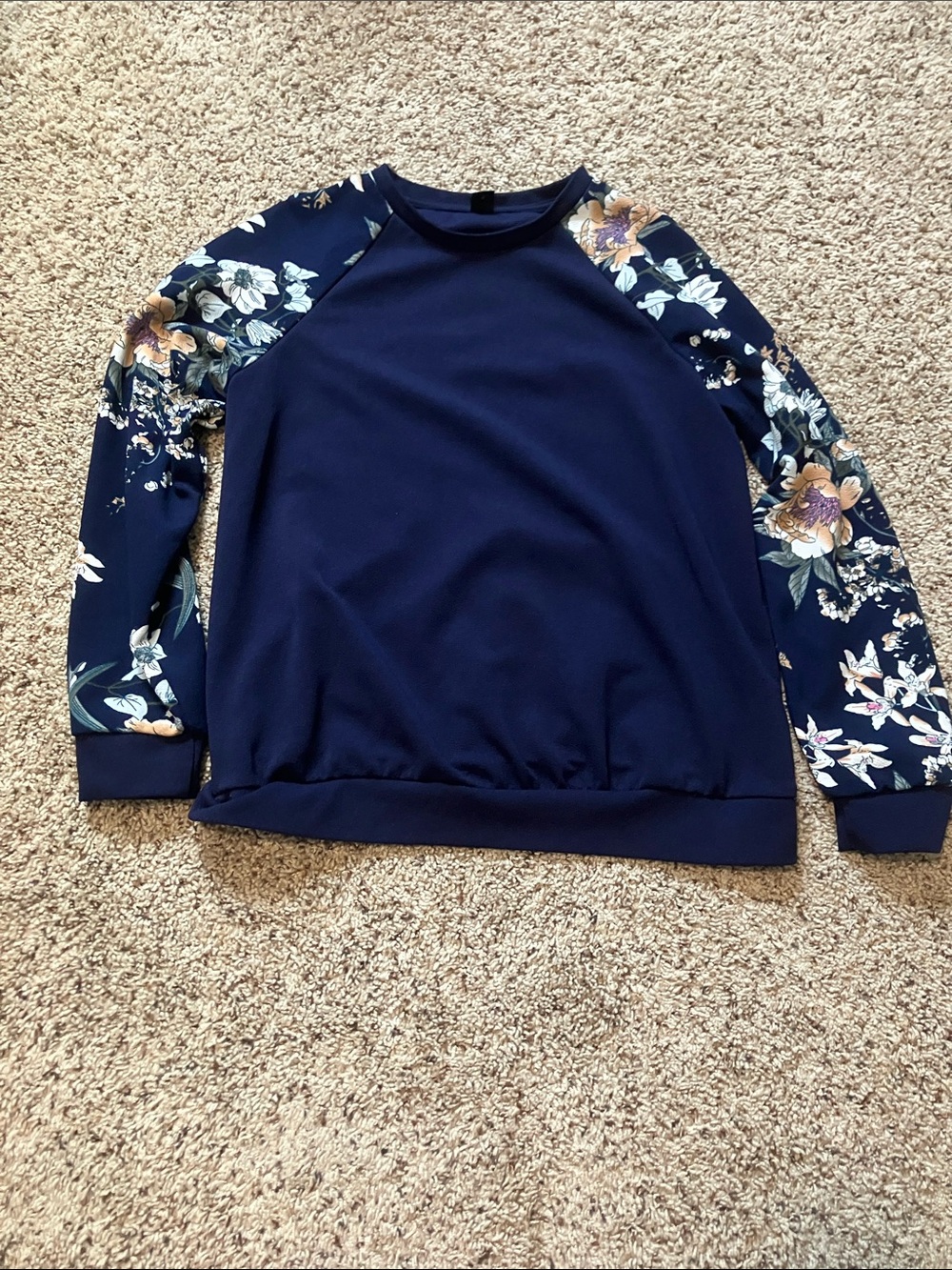 SHEIN Navy Pullover with Floral Print Raglan Sleeves